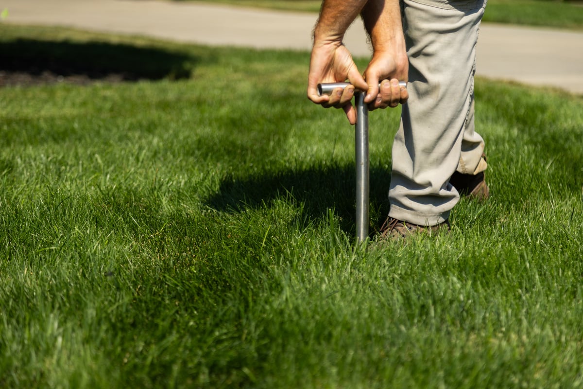 lawn care tech getting soil plugs to test