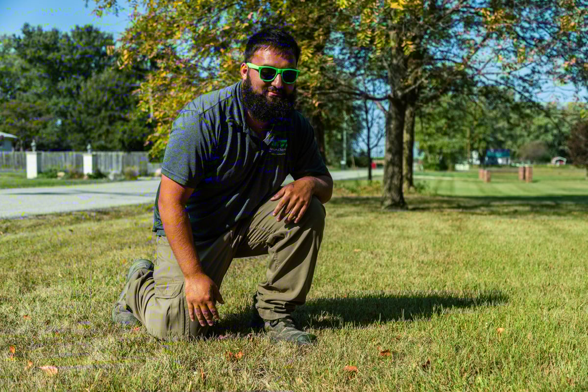 a lawn care technician inspecting struggling grass for problems