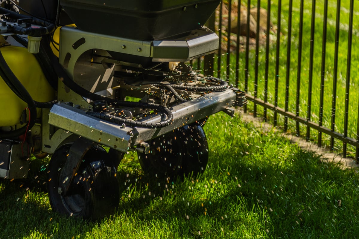fertilizer being applied from a lawn care machine at the correct rate
